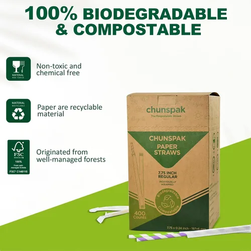 Miniatura 6 de Pajitas de papel desechables envueltas individualmente de 7.75 x 0.24 pulgadas, rayas coloridas [400 unidades] - biodegradables ecológicos