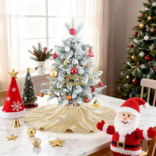 Miniatura 3 de Faldón para Árbol de Navidad 24 Pulgadas Redondo de Champán, Faldón Pequeño para Árbol de Navidad, Adornos de Navidad Lentejuelas para Fiesta de Año