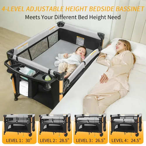 Miniatura 4 de Cuna de viaje junto a la cama para bebé con configuración de una mano, corral plegable 5 en 1, portátil con cuna, cambiador de pañales y colchón