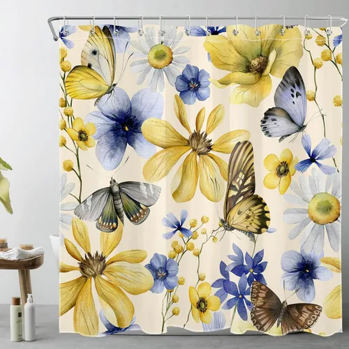 Miniatura 9 de Watercolor Plant Flower Shower Curtain Blue Yellow Floral and Retro Butterfly on Beige Shower Curtain Set for Bathroom Rustic Nature Fabric Bath