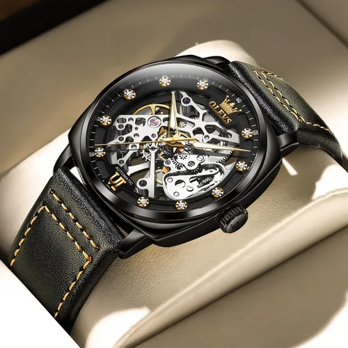 Miniatura 2 de OUPINKE Relojes automáticos de esqueleto para hombre, mecánica, cuerda automática, correa de cuero elegante, estilo steampunk, luminoso
