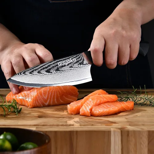 Miniatura 2 de aisyoko Damasco - Cuchillo de chef de 6.5 pulgadas, cuchillo de cocina afilado Japón VG-10, acero inoxidable al carbono, ultra afilado, mango