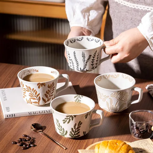 Miniatura 4 de Juego de 4 tazas de café con cuchara dorada, taza de cerámica pintada a mano de estilo antiguo de 11 onzas para hombres y mujeres, regalos únicos