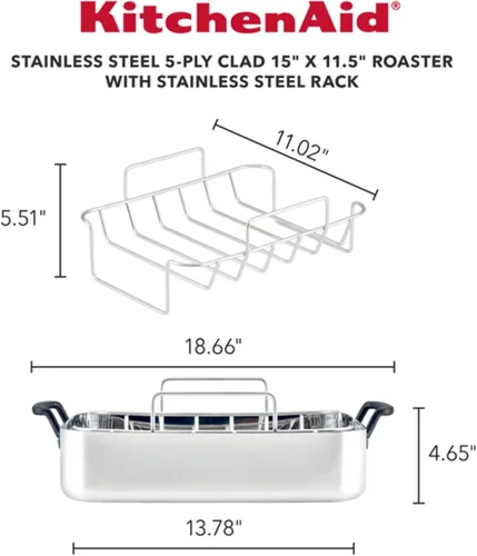 Miniatura 2 de KitchenAid - Sartén para asar/rostizador de 5 capas de acero inoxidable con estante removible, 15 pulgadas x 11.5 pulgadas - Acero inoxidable pulido