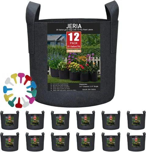 JERIA - Paquete de 12 bolsas de 20 galones para cultivar vegetales, flores/plantas, macetas de tela con aireación y asas (negras), con 12 etiquetas