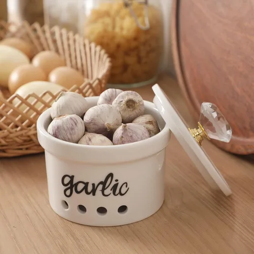 Miniatura 6 de Soporte de ajo con tapa de cristal, contenedor de ahorro de ajo de cerámica de 12.5 oz para encimera, decoración de cocina de estilo granja (Oro)