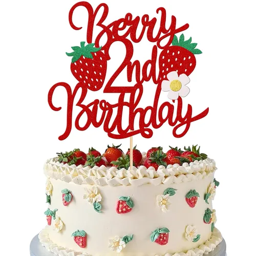 Miniatura 8 de 1 pieza de decoración para pastel de tercer cumpleaños con temática de fresa, flor brillante con temática de frutas dulces, decoración de pastel