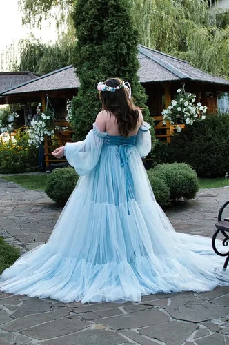 Miniatura 3 de Vestido de maternidad de tul hinchado para sesión de fotos, batas de manga larga, hombros descubiertos, lencería transparente, vestidos de baby