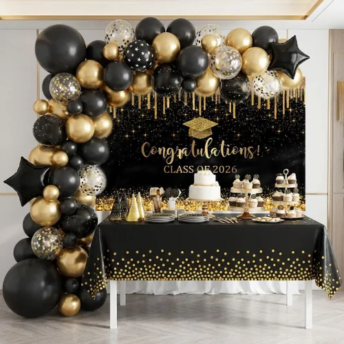 Miniatura 5 de Mocsicka Fondo de graduación de 7 x 5 pies 2026, decoraciones de graduación negro y dorado, pancarta de felicitaciones de graduación 2026, fondo