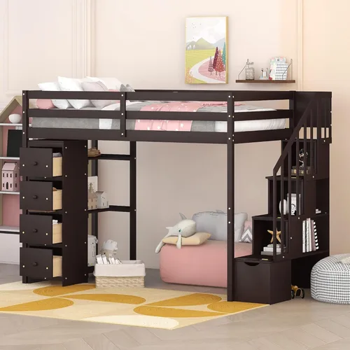 Cama alta moderna con cajones de almacenamiento y escaleras, cama de madera tamaño individual con estantes y barandillas, para niños, niñas,