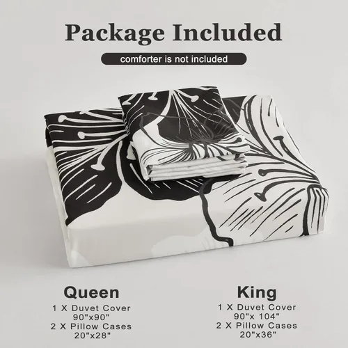 Miniatura 8 de DJY - Juego de funda de edredón de 3 piezas, tamaño queen, negro y blanco con patrón floral, elegante funda de edredón boho floral con 2 fundas