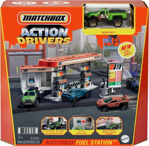 Miniatura 7 de Matchbox Juego de Coches de Juguete, Estación de Combustible con Conductores de Acción y Camión de Juguete a Escala 1:64, Mangueras de Gas Movibles