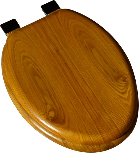 5Q1E1-17BR - Asiento de inodoro de madera natural con acabado decorativo, incluye bisagra Vari-Adjust Lok-Down R'N'C, alargado, roble claro con