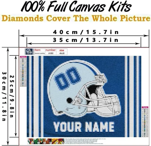 Miniatura 3 de Bysincy Pintura de diamantes de fútbol personalizada con nombre y número, pintura personalizada de bandera de fanáticos deportivos con casco, arte