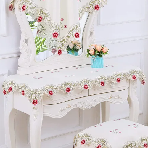 Miniatura 15 de Juego de 4 manteles individuales bordados con flores rosas, 17 x 11 pulgadas, rectangulares, clásicos, de encaje, beige, decoración del hogar