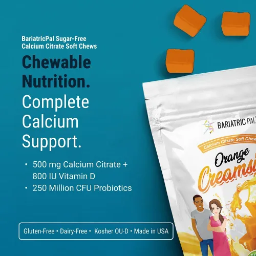 Miniatura 2 de BariatricPal Masticables suaves de citrato de calcio sin azúcar 500 mg con vitamina D y probióticos Crema de naranja 90
