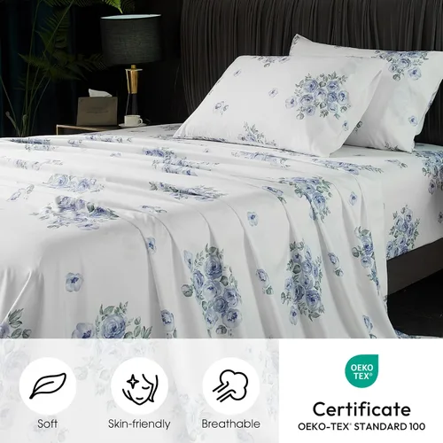 Miniatura 2 de HYPREST Sábanas azules florales tamaño queen, sábanas de bolsillo profundo de 18 pulgadas 1800 hilos, 4 piezas de sábanas florales suaves