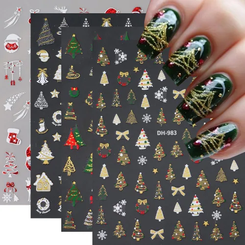 Miniatura 12 de Calcomanías de uñas de Navidad, calcomanías de uñas de invierno 3D, autoadhesivas, coloridas, cadena de luces, árbol de Navidad, reno, diseño