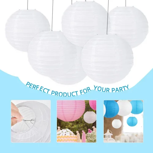 Miniatura 6 de Faroles de papel decorativos redondos chinos para manualidades, 6 unidades, 8 pulgadas (blanco)