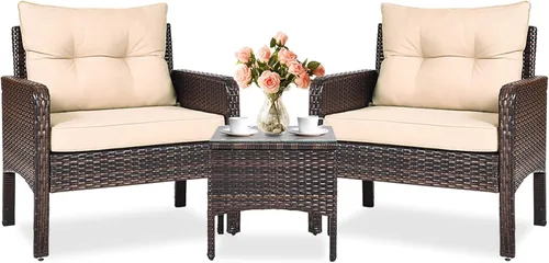 KOTEK Juego de muebles de patio de 3 piezas, juego de muebles de mimbre para exteriores con 4 cojines, juego de muebles de ratán PE para todo tipo