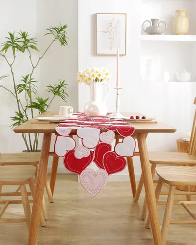 Miniatura 3 de Camino de mesa para el día de San Valentín, decoración del día de San Valentín, 70 pulgadas de largo, bordado rojo y rosa, camino de mesa de corazón