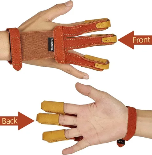 Miniatura 5 de Huntingdoor Guante de dedo de tiro con arco con 3 pestañas de dedo, protector de dedo de gamuza negra y marrón, guantes de dedo para tirador de mano
