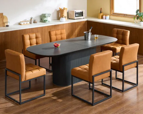 Miniatura 6 de GrandNoor Brown Faux Leather Dining Chairs Set of 2, Mid-Century Modern Dining Room Chairs with Armless, Checkered Kitchen Chair with Metal Legs