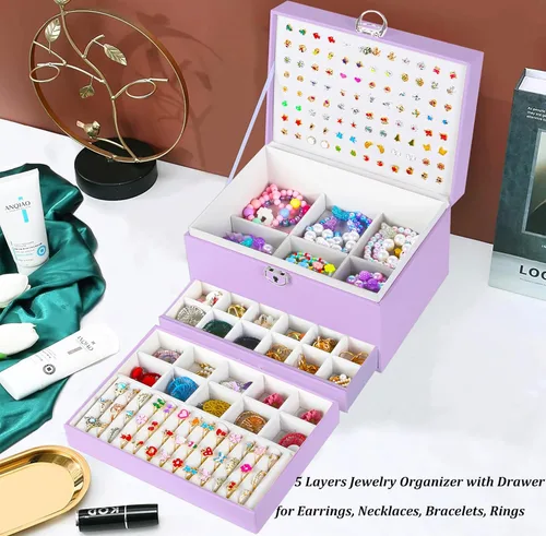 Miniatura 177 de Joyero de pendientes para mujeres y niñas, organizador de aretes de 5 capas, caja organizadora de joyas blanca con candado, collares y aretes