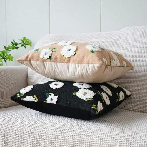 Miniatura 5 de Funda de almohada de forro polar bereber de gamuza de camelia, funda de cojín tridimensional con flores para sala de estar, sofá, oficina, Negro