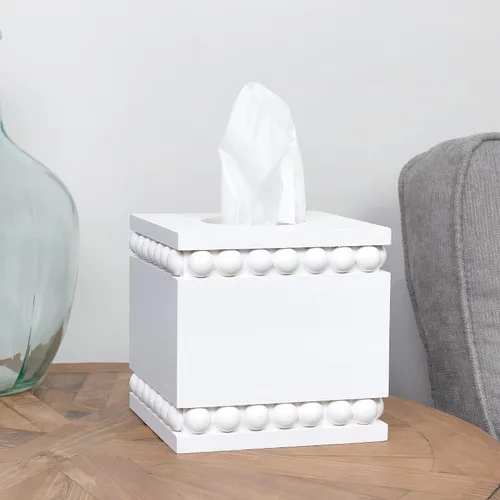Miniatura 2 de AuldHome Design Cubierta cuadrada para caja de pañuelos con cuentas (blanca); soporte de pañuelos de madera rústico de granja