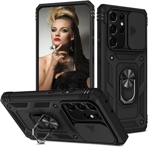 Miniatura 20 de Funda para Samsung Galaxy S22 Ultra 5G con ranura para tarjetero de cámara deslizante, grado militar, resistente, a prueba de golpes, funda de tres