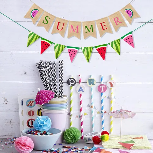 Miniatura 4 de Uniwish Cartel de arpillera de verano con temática de sandía, suministros de fiesta, decoraciones de verano, guirnalda de sandía banderines