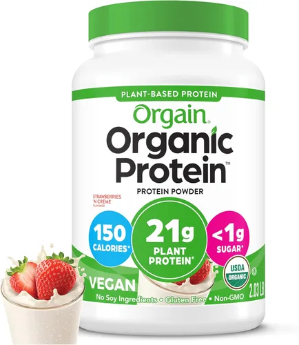Orgain - Proteína orgánica vegana en polvo, fresas y crema - 21g de proteína a base de plantas, 4g de fibra prebiótica, bajo en carbohidratos netos,