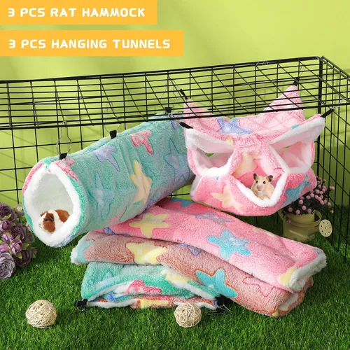 Miniatura 5 de Sweetude Juego de 6 hamacas para ratas, túnel colgante de hurón, hamacas de conejillo de indias de 3 niveles, cama de chinchilla suave para jaula