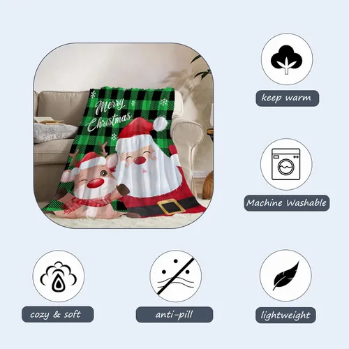 Miniatura 5 de Manta de Navidad a cuadros verdes, manta de Navidad con reno de Papá Noel, manta de invierno para vacaciones, sofá, cama, decorativa, suave, ligera