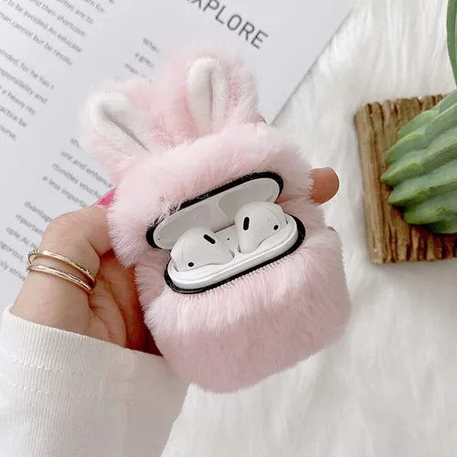 Guppy Compatible con AirPods Furry Bunny Case Girls 3D Cartoon Cute Rabbit Ears Plush Fluffy Warm Funda de transporte suave funda protectora Rosa
