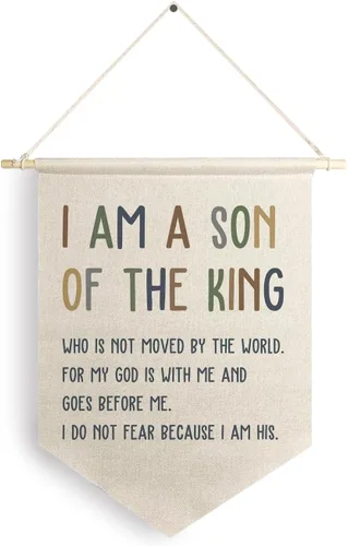 Qpenm Cartel de lona colgante de pared con texto en inglés "I Am a Son of the King", estampado de banderines colgantes con cita de aliento para
