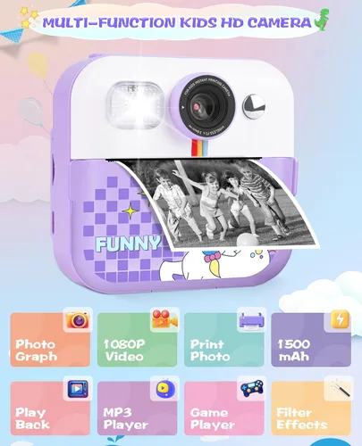 Miniatura 5 de Cámara de impresión instantánea, regalos de cumpleaños para niños y niñas, cámara de video digital HD 1080P para niños, juguetes para niñas de 4 a