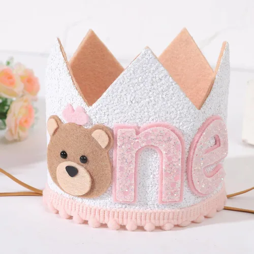 Miniatura 5 de Corona de oso de peluche de primer cumpleaños para niñas, sombrero de oso pequeño, decoración de una campista feliz