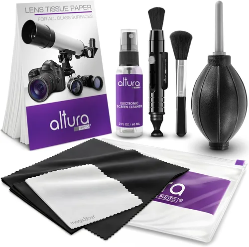 Altura Photo Kit de limpieza para cámara - Accesorios para cámara electrónicos en paquete - Spray limpiador de lentes, cepillo, pluma, paños,