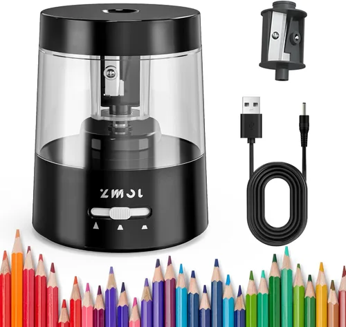 ZMOL Sacapuntas eléctrico para lápices de colores, operado por batería, sacapuntas eléctrico enchufable para niños 6-8mm No.2/Oficina/Hogar/Negro