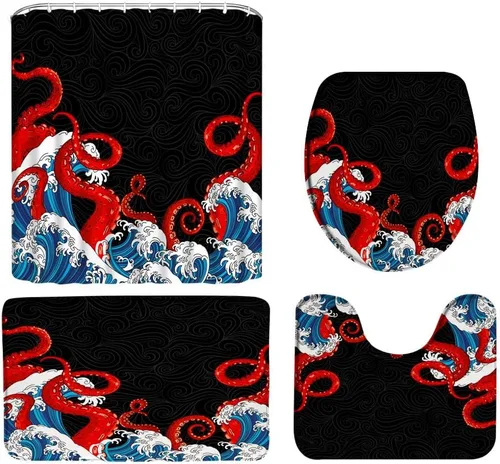 Juego de 4 cortinas de ducha Kraken con alfombras de baño, pintura de pulpo rojo, mar, océano, animales, tentáculos rojos, vintage, colorido, moda,