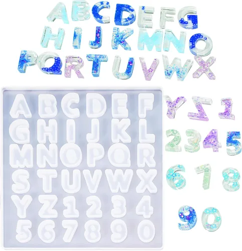 Angel Wings Molde de silicona de resina con letras del alfabeto, 26 letras mayúsculas número 0-9, molde epoxi para hacer joyas, llavero molde
