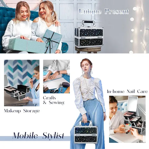 Miniatura 9 de Joligrace Maletín de Maquillaje Portátil Caja de Cosméticos 2 Bandejas con Espejo con Cerradura para Maquillaje Técnico de Uñas y Esteticistas