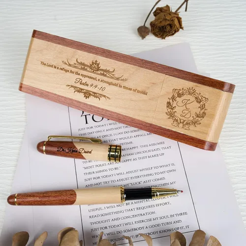 Miniatura 6 de Juego de bolígrafos de madera grabados personalizados, bolígrafo ejecutivo y caja con personalización gratuita, bolígrafo con estuche para regalo (A)