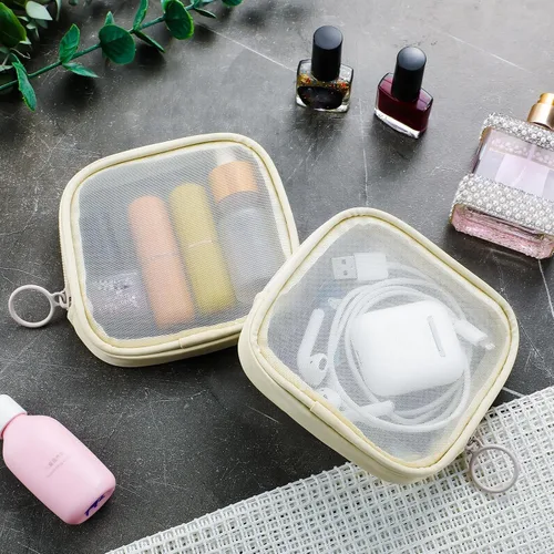 Miniatura 5 de Weewooday 4 piezas de malla para maquillaje, bolsa de cosméticos de malla, bolsa de aseo de viaje con cremallera, mini bolsa de cosméticos de Beige