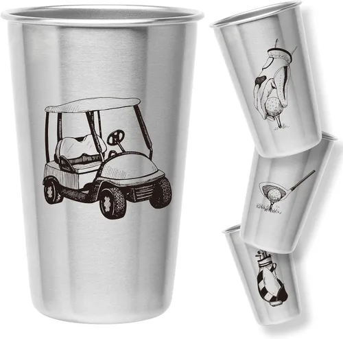 Vasos de golf – Acero inoxidable (juego de 4) – Capacidad de 16 oz – Regalo único para papás, hombres y premio para golfistas. Los diseños incluyen