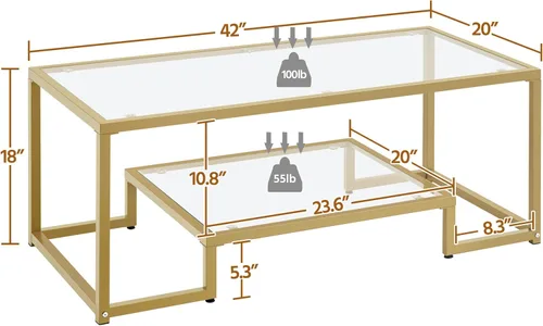 Miniatura 3 de Yaheetech Mesa de Café Dorada, Mesa de Centro de Vidrio Rectangular de 42" para Sala de Estar, Mesas de Té de 2 Niveles con Marco de Metal