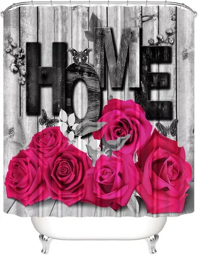 Miniatura 3 de Yddsky Juego de 4 cortinas de ducha con diseño de rosas rosadas para San Valentín, alfombras antideslizantes, tapete en forma de U, decoración