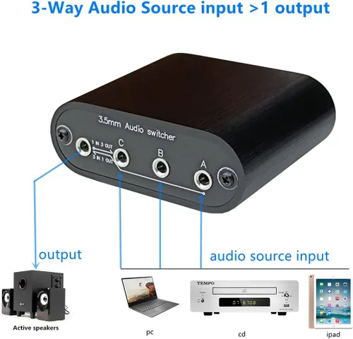 Miniatura 3 de Nueva Caja divisora de audio D3 3 (1)-entrada-1 (3)-salida, mini conmutador de señal de entrada de fuente selector divisor de 3.5mm estéreo